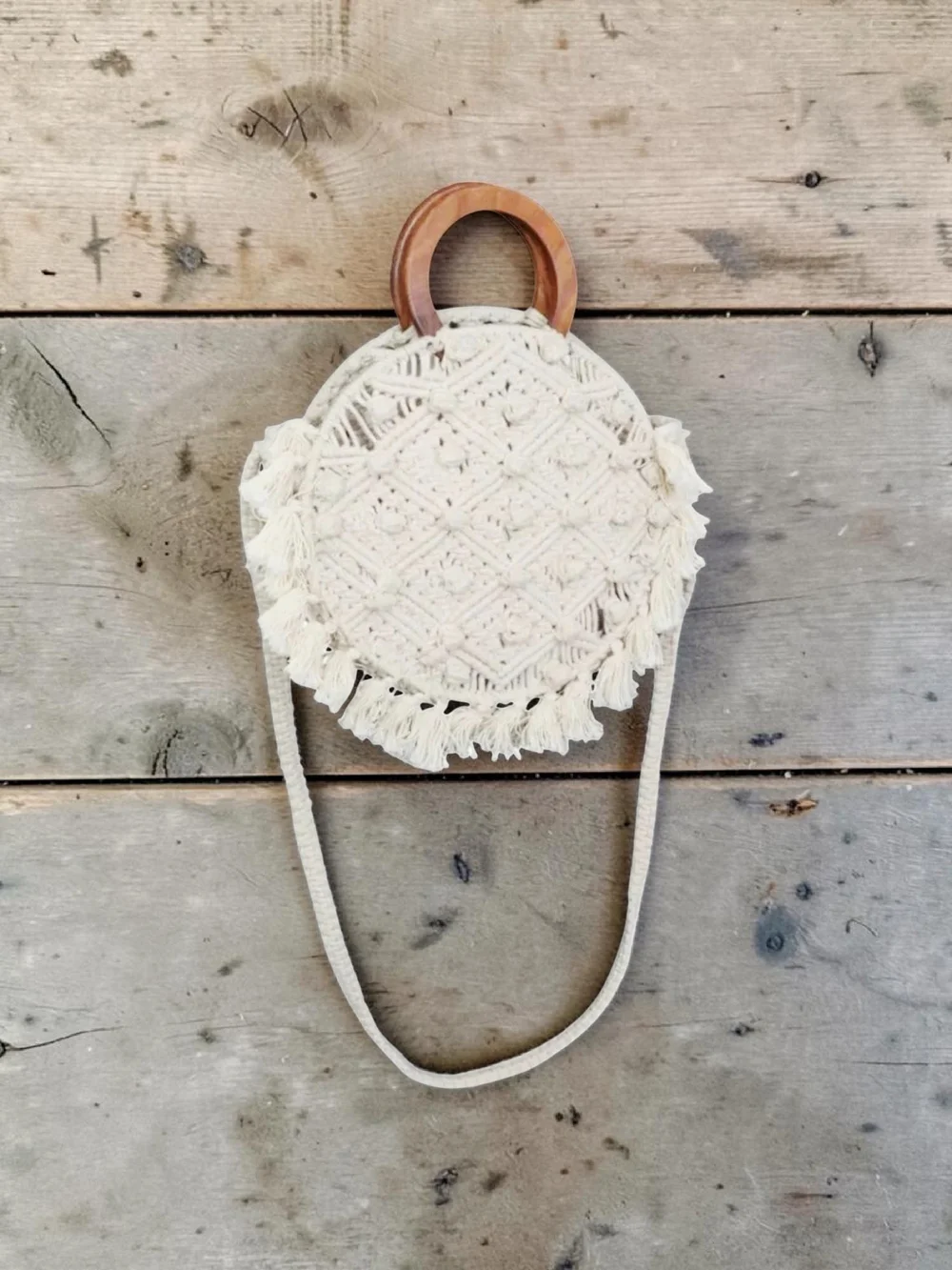 NEW Magid Bohemian Macrame Circle Bag with Wooden Handles & Shoulder Strap NWT
